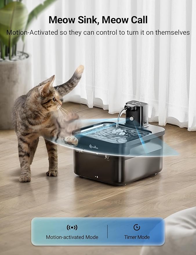 DownyPaws Cat Water Fountain Stainless Steel Cordless, 84oz/2.5L Fursink Wireless Pet Water Fountains for Cats Indoor, Battery Operated Cat Drinking Fountain, Ultra Quiet Pump, BPA-Free, Black-PawvioPets