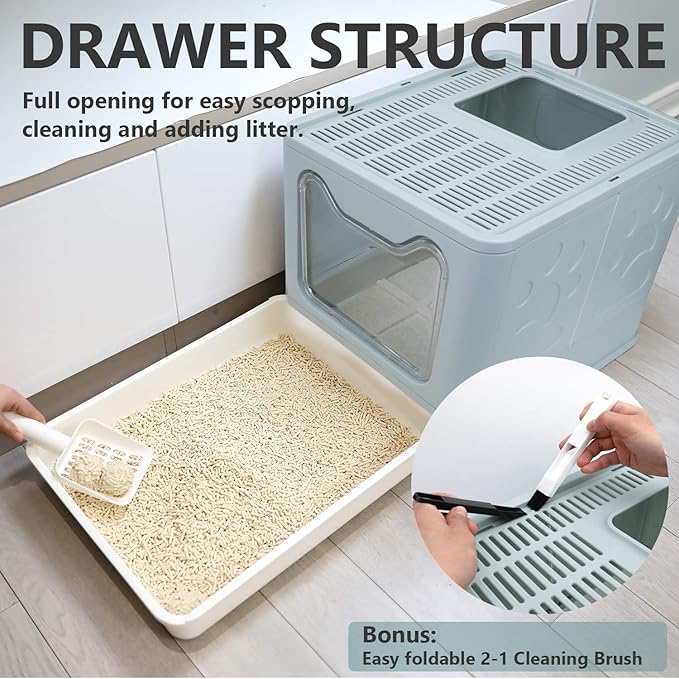 Foldable Cat Litter Box with Lid, Enclosed Potty, Large Top Entry Anti-Splashing Toilet, Easy to Clean Including Litter Scoop and 2-in-1 Cleaning Brush (Blue)-PawvioPets