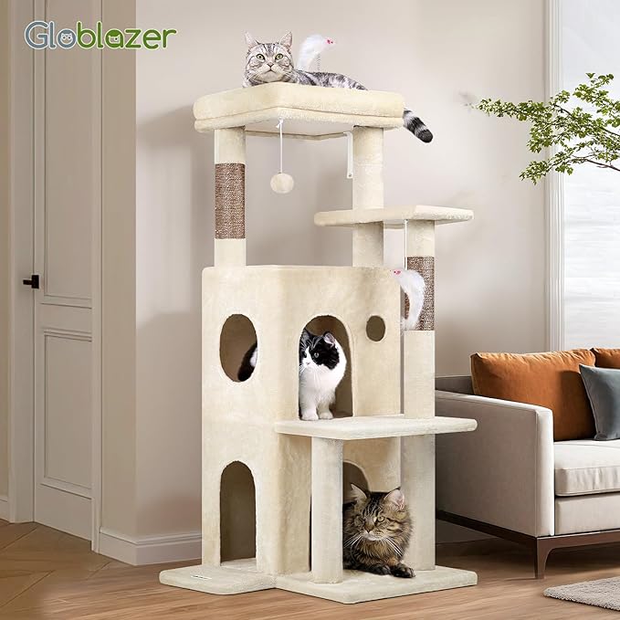 Globlazer Cat Tree Tower for Indoor Cats, 50-inch Adult Cat Tree House for Large Adult Cats with Steps, Scratching Post, 2 Cat Caves, Dangling Toys, FC50, Beige-PawvioPets