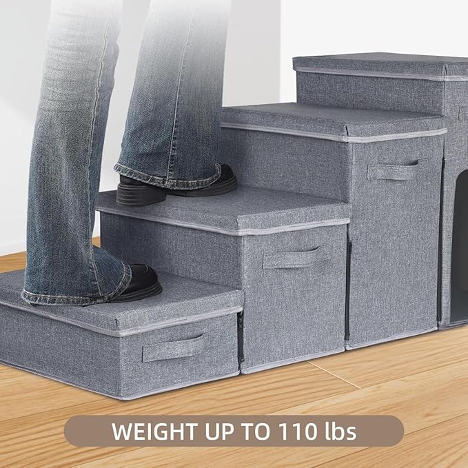 Dog Stairs with Storage, Folding Pet Steps with Zip for Small Dogs and Cats, 4-Step Pet Stairs with Pet House for High Bed, Couch and Car Ramp (Gray, 4 Steps with Condo)-PawvioPets