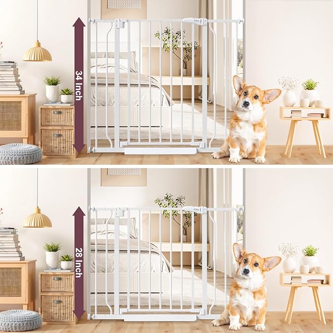 34" Extra Tall Baby Gate for Stairs, Auto Close Stroller Friendly Dog Gate Indoor for Doorways, Pressure Mounted 29"-40" W Baby Gate, Easy Walk Through Gate for Children & Pets, White-PawvioPets