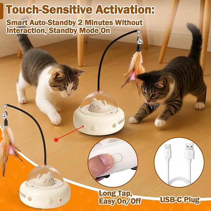 AIERSA Interactive Cat Toys for Indoor Cats, Automatic Enrichment Toy with LED Light and Feather for Cats and Kittens, Moving Self Play Stimulation Toy for Cat Lover Gifts-PawvioPets