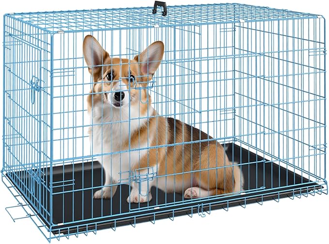 FDW Dog Crate for Medium Dogs 30 Inch Folding Metal WirePet Cage Double Door W/Divider Panel Indoor Outdoor Kennel Leak-Proof Plastic Tray,Blue-PawvioPets