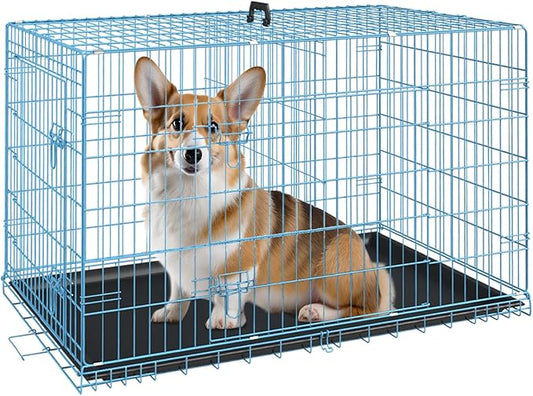 FDW Dog Crate for Medium Dogs 30 Inch Folding Metal WirePet Cage Double Door W/Divider Panel Indoor Outdoor Kennel Leak-Proof Plastic Tray,Blue-PawvioPets