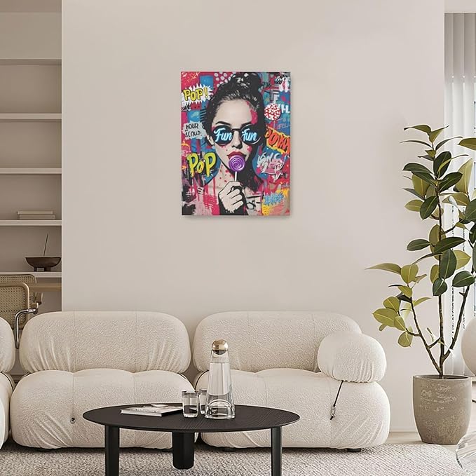 Fashion Women Wall Art Glam Modern Artwork for Girls Banksy Street Graffiti Pop Art Canvas Pictures Painting Print Framed Decorations Gifts for Bedroom Living Room Office 12"x16"-PawvioPets