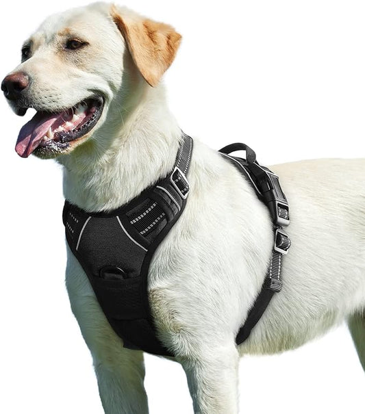 Eagloo Dog Harness for Large Dogs, No Pull Service Vest with Reflective Strips and Control Handle, Adjustable and Comfortable for Walking, No Choke Pet Harness with 2 Metal Rings, Black, L-PawvioPets