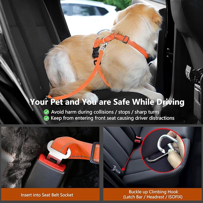 Dog Seat Belt Harness for Car, Dog Car Harness Adjustable Mesh Breathable & Dogs Seatbelt Safety Tether with Elastic Bungee for Small Medium Large Pets(Orange, S)-PawvioPets