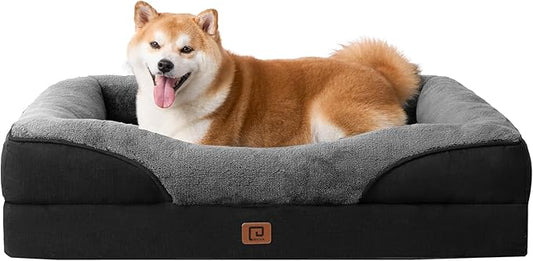 EHEYCIGA Memory Foam Dog Bed for Large Sized, Orthopedic Dog Sofa with Sides and Waterproof Liner, Washable Bolster Pet Bed Couch with Removable Cover, 36x27x7 Inch, Grey/Black-PawvioPets