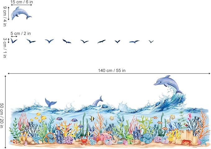 decalmile Under The Sea Seaweed Grass Wall Decals Dolphins Fish Ocean Wave Baseboard Skirting Line Wall Stickers Kids Bedroom Bathroom Wall Decor-PawvioPets