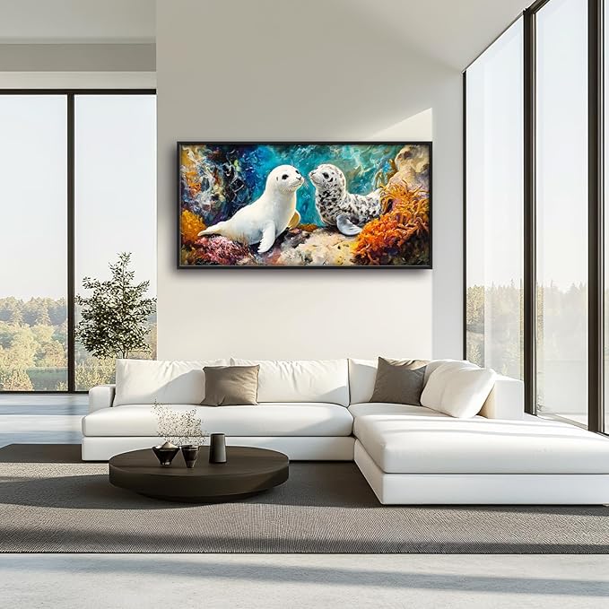 Extra Large Seal Framed Wall Art for Living Room,Oversized Underwater Animal Pictures Wall Decor,Ocean Coral Reef Canvas Print Painting Modern Artwork Bedroom Office Bathroom 60L" x 30W"-PawvioPets