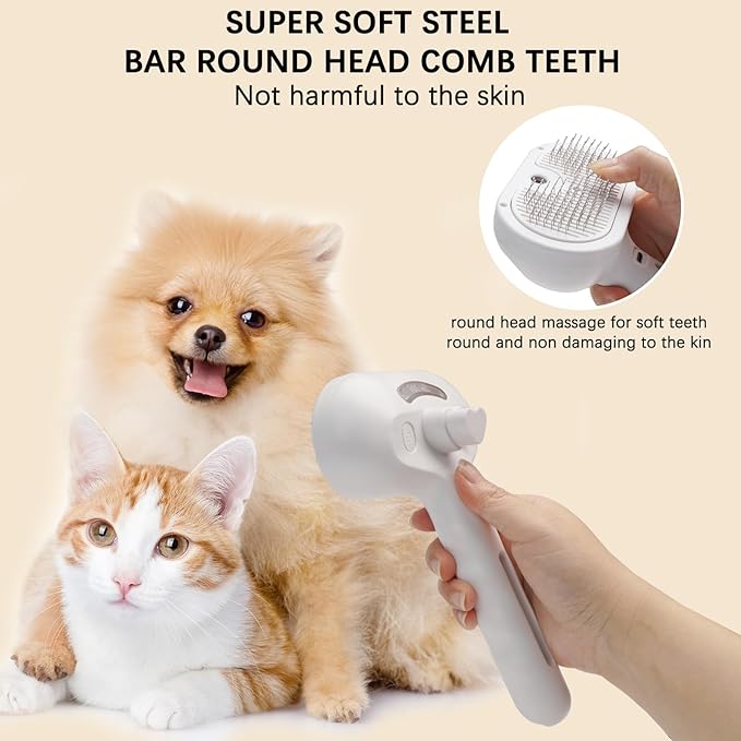 Cat Steam Brush for Shedding– 4-in-1 De-Shedding, Steam Spray, and Self-Cleaning Grooming Tool – Ideal for Long and Short-Haired Pets– Includes 2 Bottles of 120 mL Waterless Shampoo(White)-PawvioPets