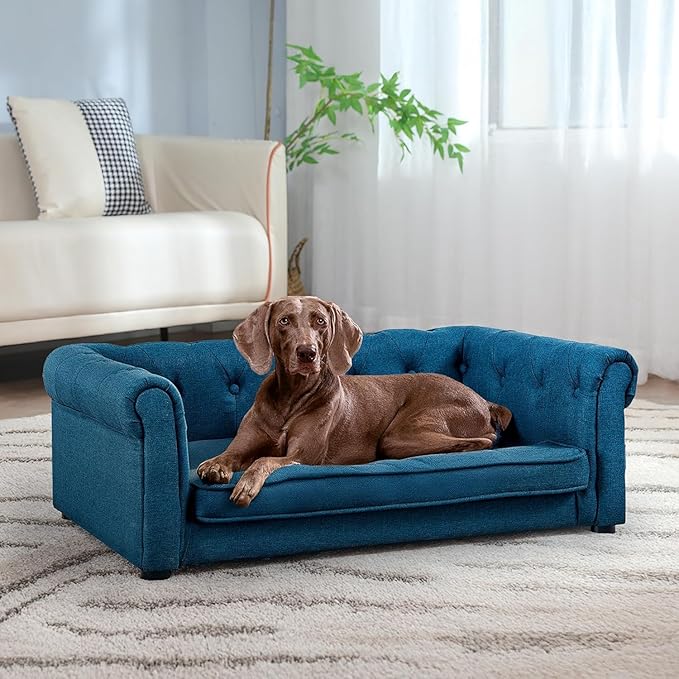 Dog Sofa Couch for Medium to Large Dogs, 31" Memory Foam Dog Couch with Washable Fabric, Removable Cushion, Sofa Bed for Medium and Large Dogs, Blue-PawvioPets