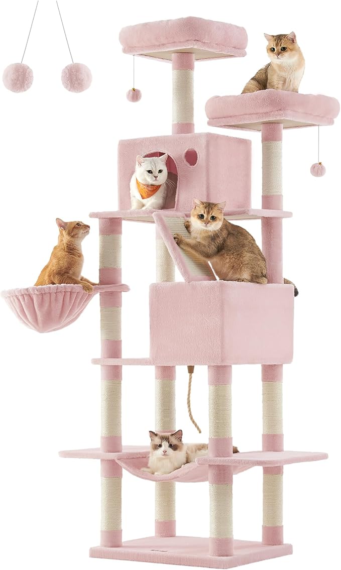 Feandrea Cat Tree, 81.1-Inch Large Cat Tower with 13 Scratching Posts, 2 Perches, 2 Caves, Basket, Hammock, Pompoms, Multi-Level Plush Cat Condo for Indoor Cats, Jelly Pink UPCT190P01-PawvioPets