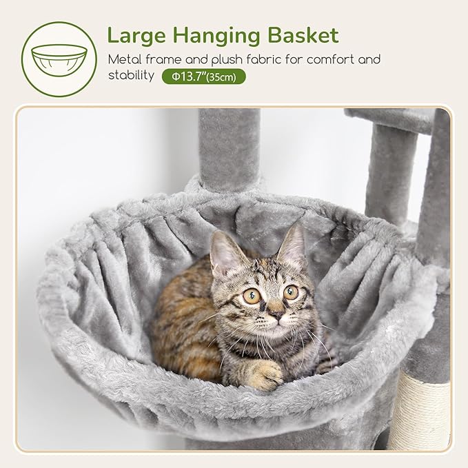 Globlazer Large Cat Tree Tower, Tall Cat Tree Condos for Indoor Cats Large Adult Cat Climbing Tower with 2 Spacious Caves, Oversized Top Perch, Big Hanging Basket, Cat Teaser Wand, F74B, Light Grey-PawvioPets
