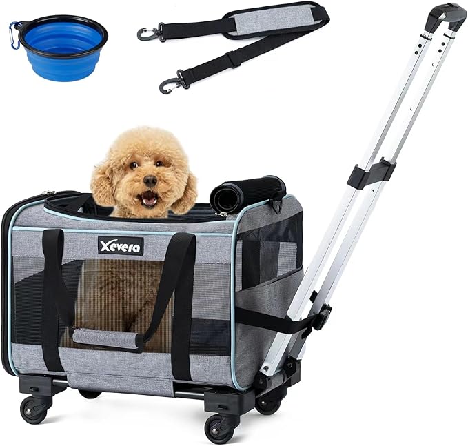 Cat Dog Carrier with Wheels Airline Approved Rolling Pet Carrier with Telescopic Handle, Shoulder Strap and Pet Bowl, Grey-PawvioPets