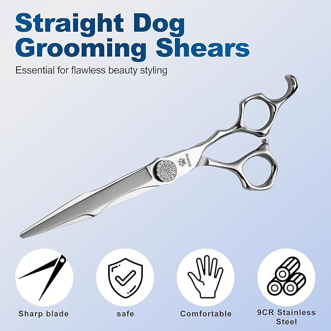 GLADOG 7" Premium 9CR Dog Grooming Scissors with Full Diamond Pivot Nut - Professional Straight Dog Scissors for Grooming, Ideal Dog Shears for Precise Trimming, Pet Grooming Scissors, Grooming Shear-PawvioPets