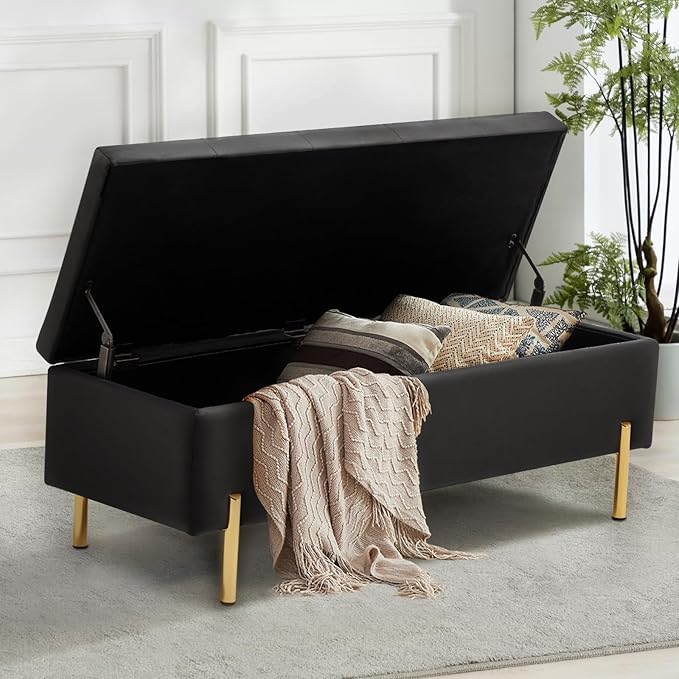 45.6 Inch Velvet Storage Ottoman, Rectangular Accent Bench for Bedroom & Living Room, Black-PawvioPets