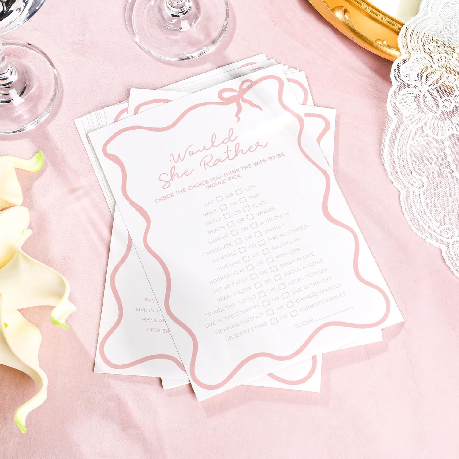 DEEKA 30 PCS Bridal Shower Games Card for 30 Guests White Pink Wavy Border Ribbon Bow Funny Wedding Bachelorette Party Games for Reception (Would She Rather)
