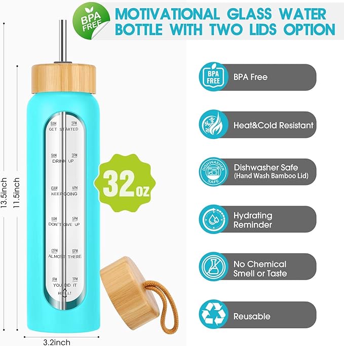 32 oz Glass Water Bottle with Straw - Motivational Time Marker & Silicone Sleeve - Reusable Tumbler Includes 2 Bamboo Lids & Fruit Infuser - 1 Pack-PawvioPets