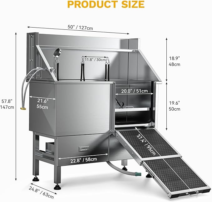 DWVO Professional Dog Bathing Station Stainless Steel 304 Dog Bathtub 50in for Grooming w/Left Door Ramp, 2 Storage Drawers, Faucet, Grate, Pet Washing Station for Large, Medium, Small Pets-PawvioPets
