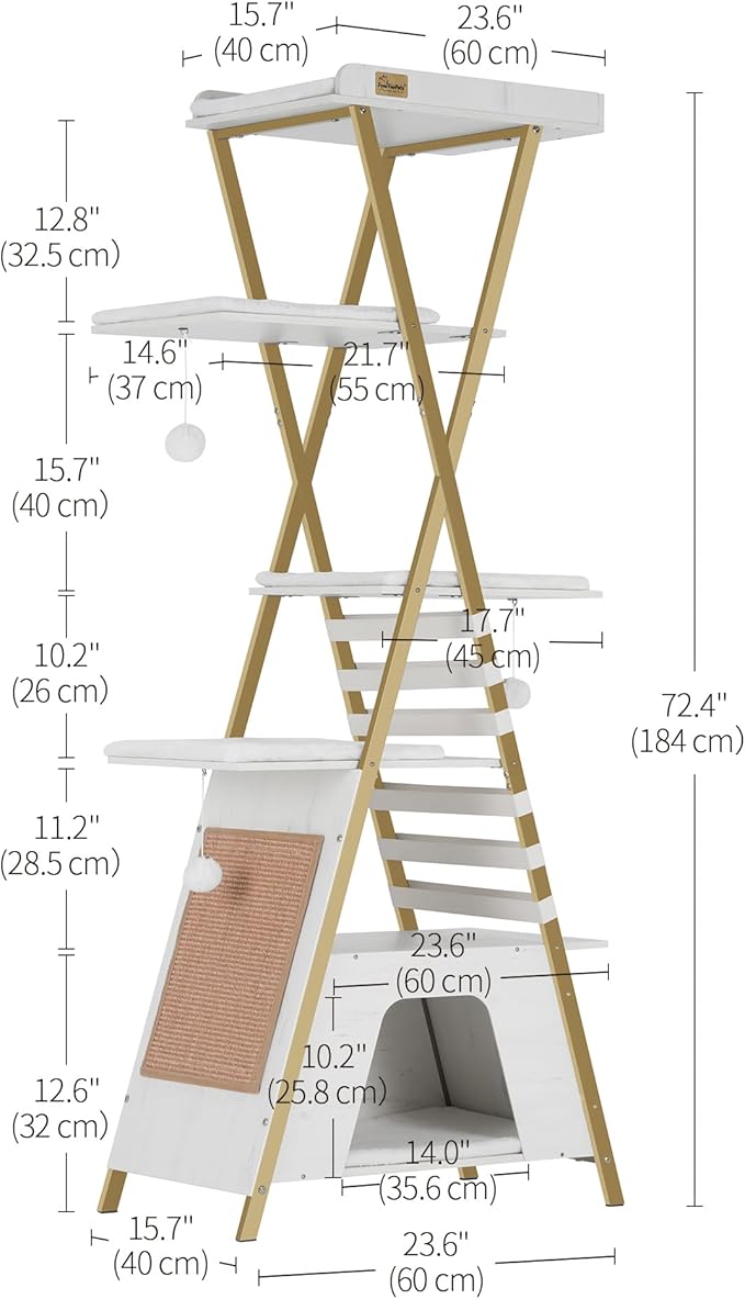 FourFurPets 72.4" Cat Tree, Modern Cat Tower for Indoor Cats, Multi-Level Cat Condo with Caves, Tall Cat Tree with Cat Scratching Board, Wooden Cat Tower with Large Perch, Removable Pads, White-PawvioPets