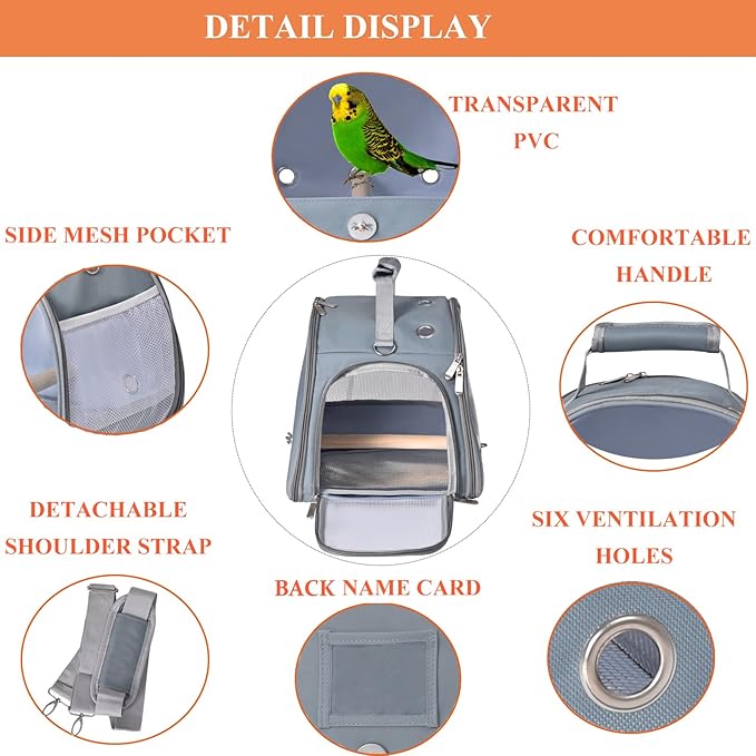 Bird Carrier Travel Cage with Stand (with Tray), Small Bird Travel Carrier for Parrot, Small Bird Cage for Travel Parakeet Carrier with Shoulder Strap, Side Access Window (Blue)-PawvioPets