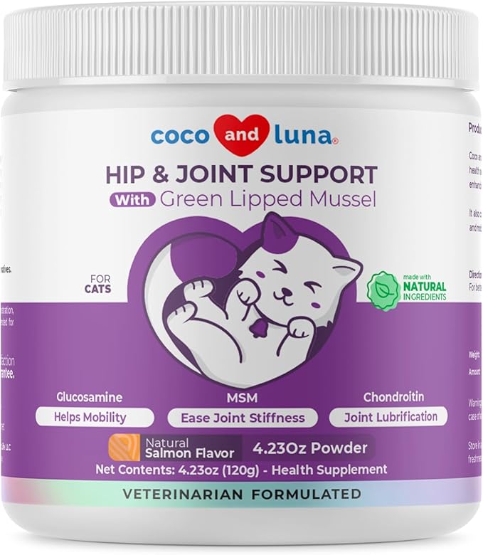 Glucosamine for Cats - 4.23oz/120g Powder - Hip and Joint Supplement for Cats with Green Lipped Mussel, MSM, Chondroitin, and Vitamin E-PawvioPets