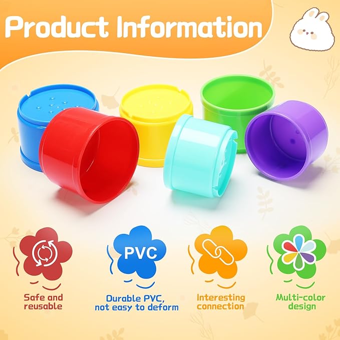 8 Pcs Stacking Cups for Rabbits - Safe Reusable Bunny Toys in Different Sizes, Durable Rainbow Colored Nesting Toys for Small Animals Bunny Hiding Food Playing Bunny Gifts-PawvioPets