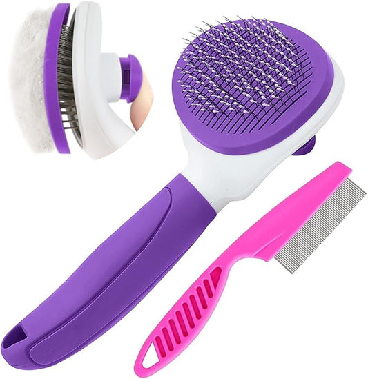 Cat Brush for Shedding, Cat Hair Brush with Release Button for Indoor Cats Dogs Self Cleaning Grooming(Purple)-PawvioPets