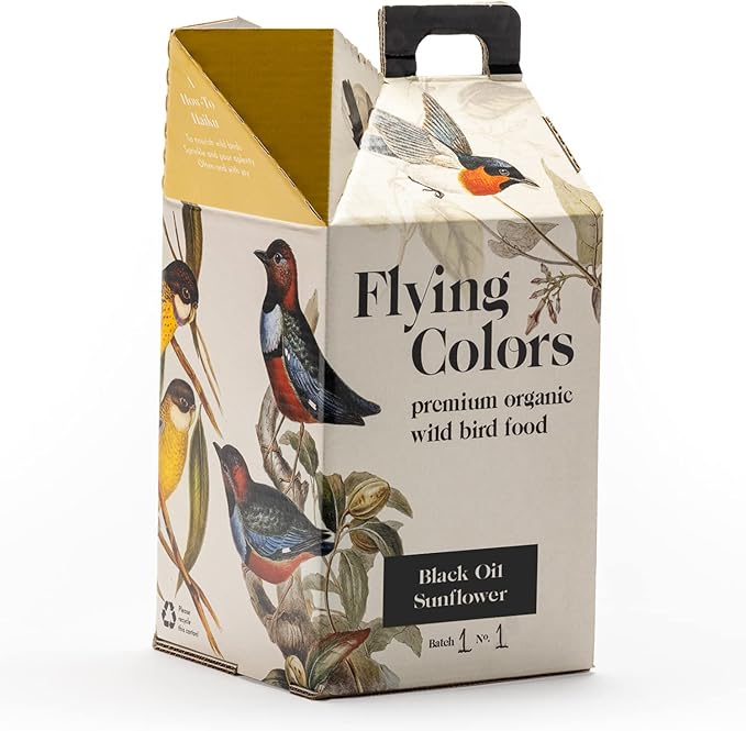 Flying Colors Premium Organic Wild Bird Seed | Black Oil Sunflower Seed | USDA Organic Ingredients | Best Seed for Backyard Bird Feeders | 3 Gallon Easy-Pour Carton-PawvioPets