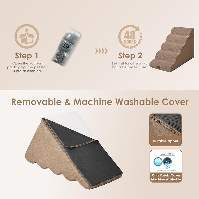 EHEYCIGA Curved Dog Stairs Ramp for High Beds, 5-Step Extra Wide Dog Steps for Small Dogs and Cats, Pet Stairs for High Bed Climbing, Non-Slip Balanced Pet Step Indoor, Camel-PawvioPets