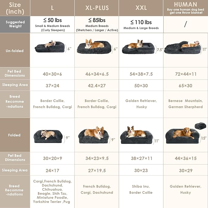 EHEYCIGA Human Dog Bed for Kids, Foldable XXL Dog Bed, Faux Fur Fluffy Pet Couch Bed, Orthopedic Calming Memory Foam Big Pet Bed, Washable Pet Sofa Bed with Non-Slip Bottom, Dark Grey, 54"x38"x7.5"-PawvioPets