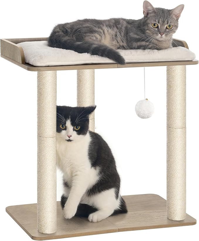 FourFurPets 22in Cat Tree Tower Condo, Cat Scratch Posts for Indoor Cats, Big Plate, Three 23.6in Full Sisal Scratching Posts, Greige-PawvioPets