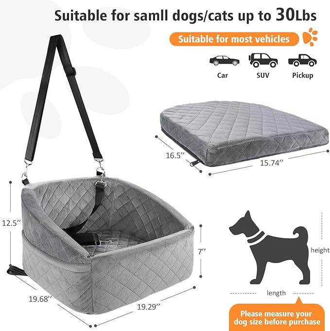 Dog Car Seat for Small Dogs,Detachable Washable Dog Booster Seat for Medium Dogs Under 30lbs, Pet Car Seat Travel Bed with Storage Pockets and Dog Safety Belt (Grey)-PawvioPets