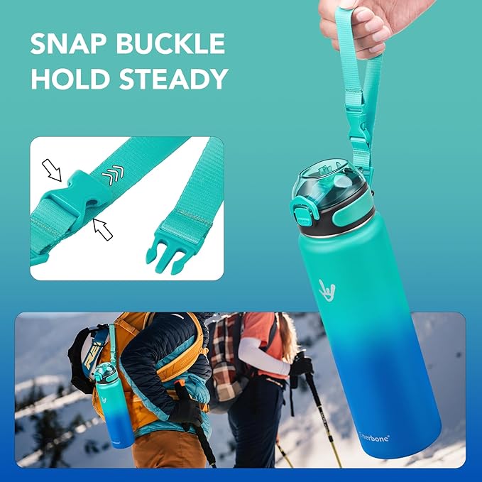 Enerbone 32 oz Insulated Water Bottle, Stainless Steel Bottle with Carrying Strap, Double-Wall Vacuum Insulation Design, Leakproof Sports Bottle with Straw, Keep Drinks Cold or Hot for Hours-PawvioPets