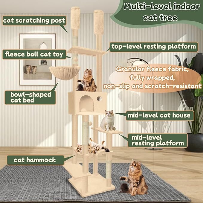 96.5"-108" Cat Tree Floor to Ceiling 7-Tier Cat Tower Adjustable Height with Scratching Posts, Cozy Hammock, Cat Condo for Indoor Cats(Beige)-PawvioPets
