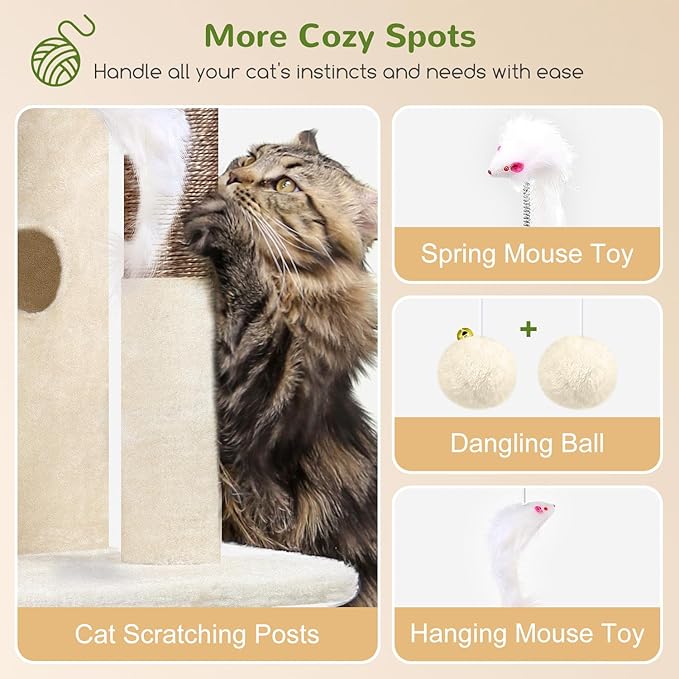 Globlazer Cat Tree Tower for Indoor Cats, 50-inch Adult Cat Tree House for Large Adult Cats with Steps, Scratching Post, 2 Cat Caves, Dangling Toys, FC50, Beige-PawvioPets