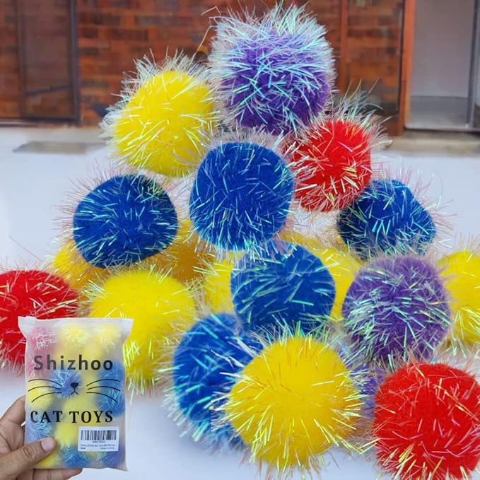 20 Pieces 2 inches Sparkle Pom Pom Balls for Cat - Interactive Glitter Balls, Multicolor, Best as Kitten Play Toys-PawvioPets