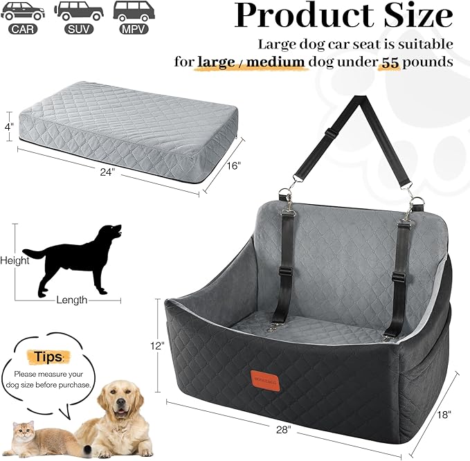 Dog Car Seat for Medium & Large Dogs Up to 55lbs, Memory Foam Cushion, Washable Cover, Safety Straps & Non-Slip Base(Black/Grey,Large)-PawvioPets