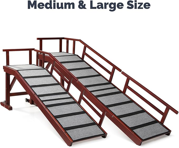 Dog Ramp for Bed or Couch, Wooden Pet Ramp with 20° Gentle Slope, Removable Side Rails, Non-Slip Surface, Top Platform & Wheels, Safe Bed Ramp for Small, Medium & Senior Dogs, 74" Long, Mahogany-PawvioPets