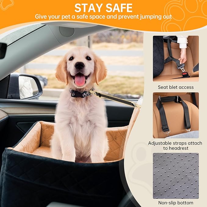 Dog Car Seats for Small/Medium Dogs, FurFrolic Memory Foam Dog Booster Seat for Small Dogs up to 35 lbs, Travel Pet Car Seat with Washable Detachable Cover, Storage Pockets, 2 Safety Belt, Black Brown-PawvioPets