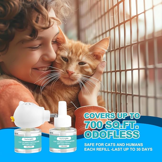Cat Calming Diffuser, Cat Pheromones Calming Diffuser, Effectively Relieve Anxiety Stress Cat Diffuser Calming Multicat with 1 Diffuser + 2 Refill 48ml Last 60 Days Fits All Cats-PawvioPets