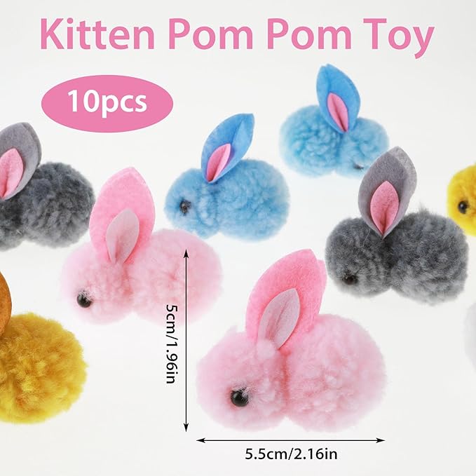 10Pcs Plush Toy Balls, Cute Bunny Shape Kitten Pompom Soft 5.5cm/2.16in Puff Ball Indoor Fun Colorful Cat Ball Toy Pom Pom Balls for Pet-PawvioPets