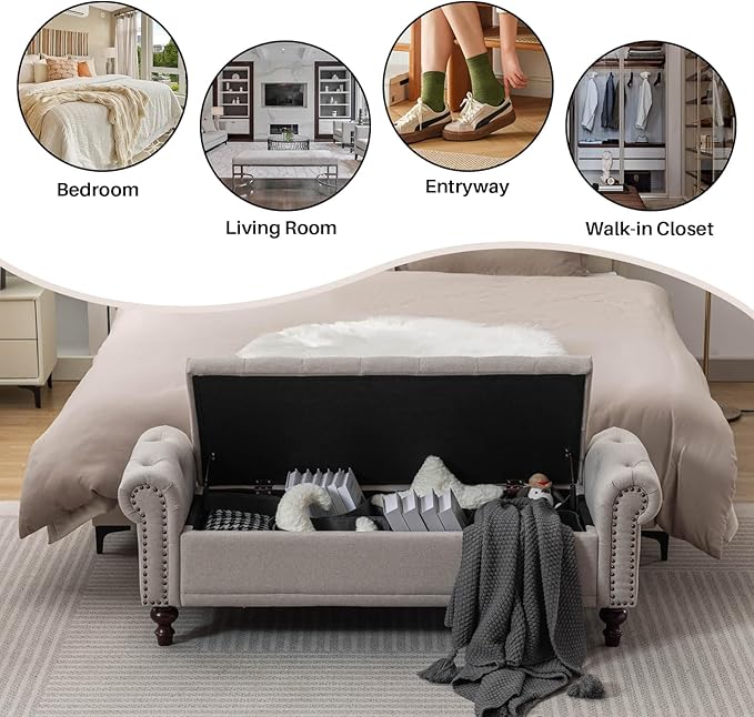 58.1'' Storage Bench Upholstered Linen End of Bedroom Bed Bench Ottoman with Tufted Cushioned Rolled Arm Large Storage Space for Reading Living Room Entryway, Light Brown-PawvioPets