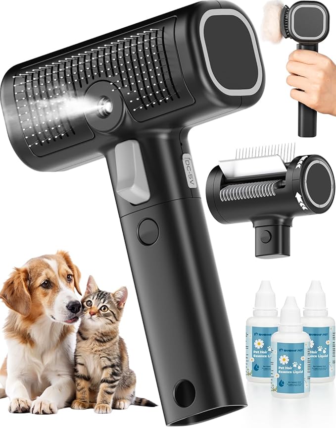 5-in-1 Cat Hair Brush, Dog Grooming Steam Comb for Long Short Haired Indoor Cats Spritz Comb for Deshedding, Detangling, Pet Brush for Kitten Rabbit Massage, with 3 Essence Liquid-PawvioPets