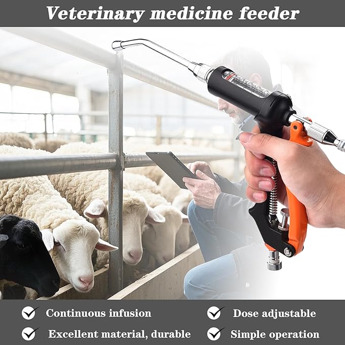 30ML Veterinary Metal Feeding Gun, Continuous Drench Gun Dosing Device Veterinary Adjustable Medicine Dispenser Husbandry Autonomous Feeding Tool, Pig Cattle, Sheep, Horse for Drench Gun-PawvioPets
