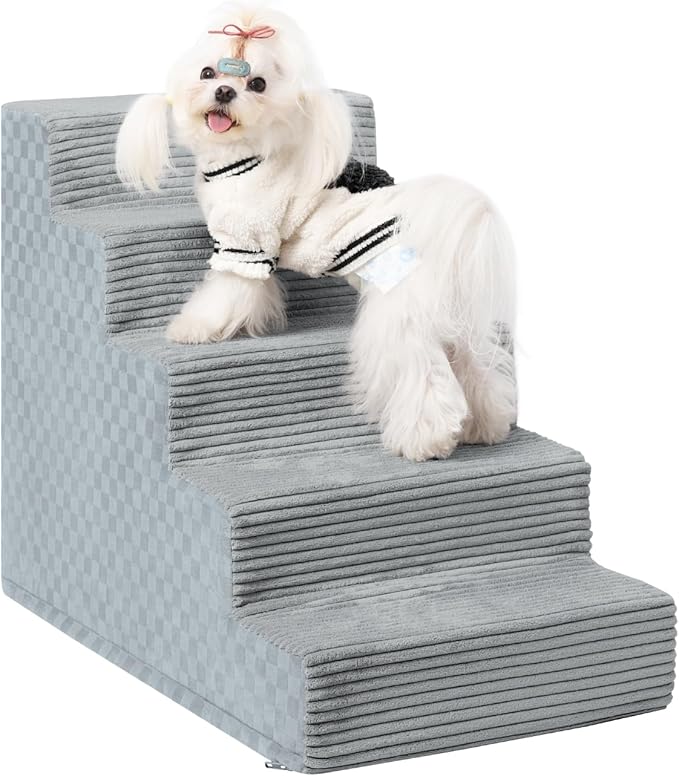 Dog Stairs for Small Dogs,22" H,5-Step Dog Steps for Bed and Couch with High Density Foam,Non-Slip Pet Steps for Doggy and Cat,Pet Stairs with a Washable Cover,Grey-PawvioPets