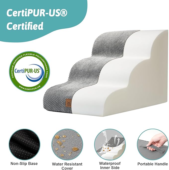 Dog Stairs for Small Dogs 15.7" H, Curved Dog Step for Puppy, Older Cat, Medium Pet Ramp for Sofa, Couch or Bed, Ladder with High Density Foam, 15.7x22.4x15.7 inch, 3 Step, Grey-PawvioPets