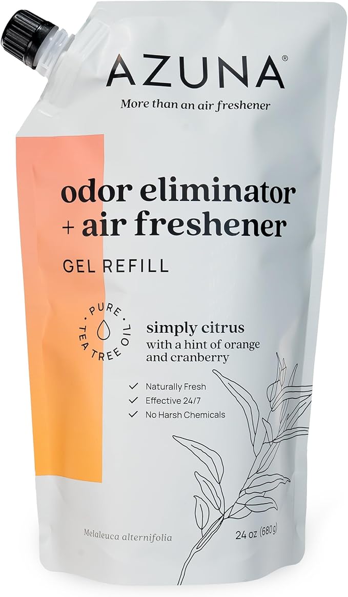 Azuna All-Natural Odor Remover Gel Refill Pouch | Air Purifier with Tea Tree Oil | Plant-Based & Long Lasting | For Pet Odors, Smoke & Strong Odors | Simply Citrus | 24 oz.-PawvioPets