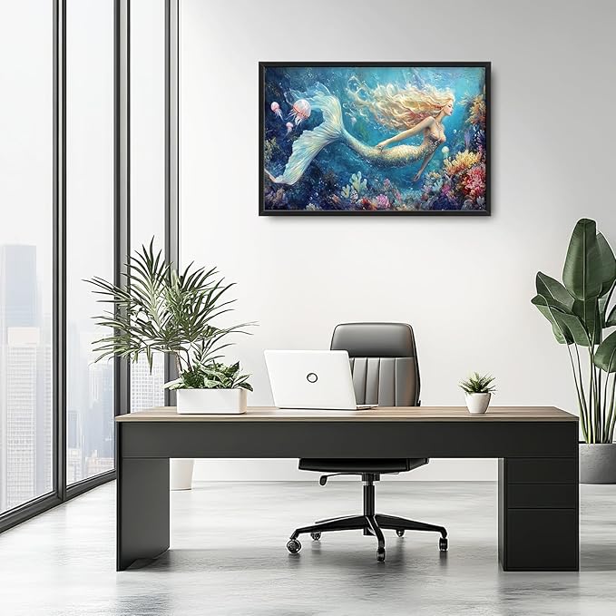 Extra Large Framed Mermaid Wall Art,Oversized Undersea Ocean Wall Decor,Colorful Coral Reefs Pictures for Living Room,Elegant Canvas Print Painting Modern Artwork Bedroom Bathroom 36L x 24W-PawvioPets